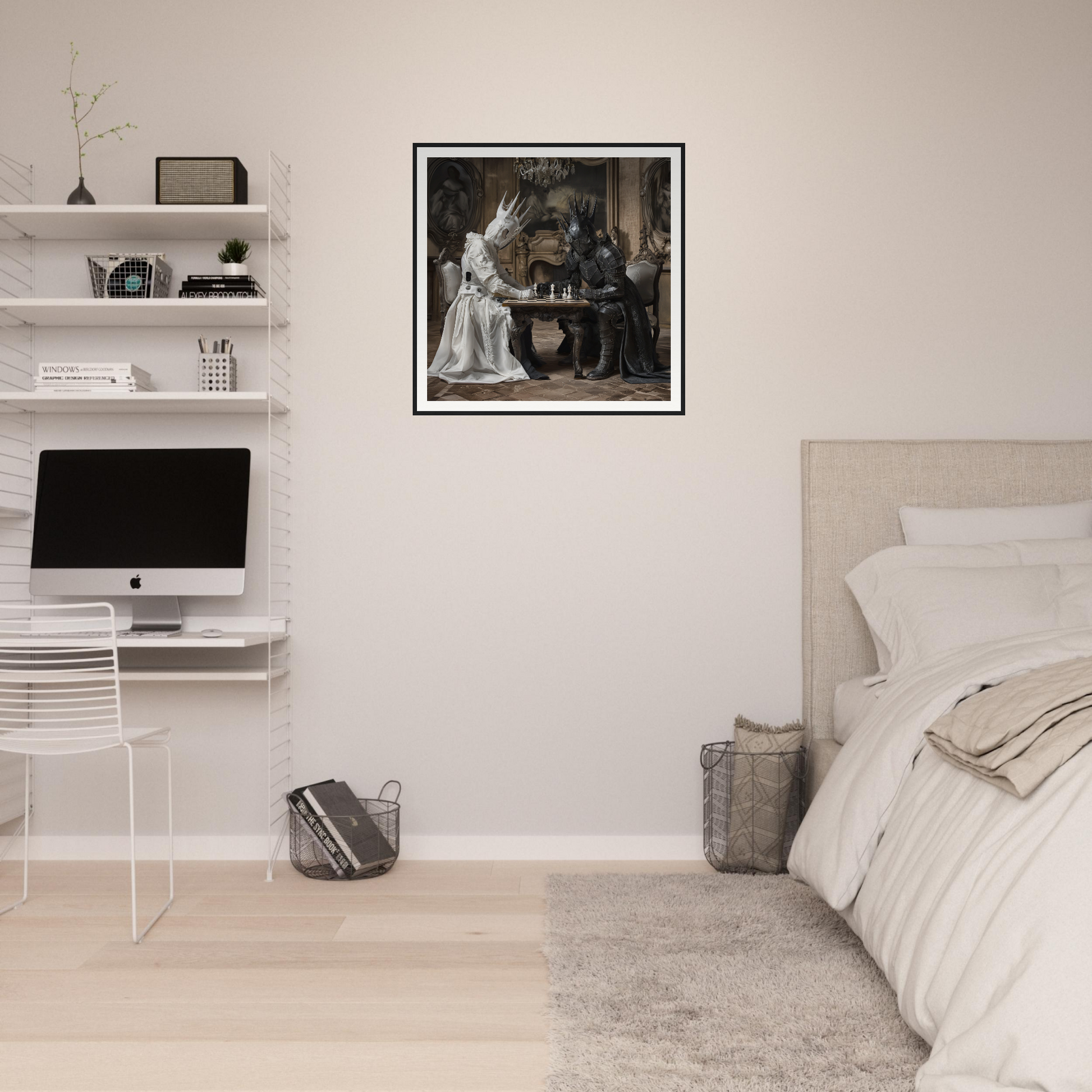 Minimalist bedroom with floating shelves and Eternal Chess Struggle framed posters