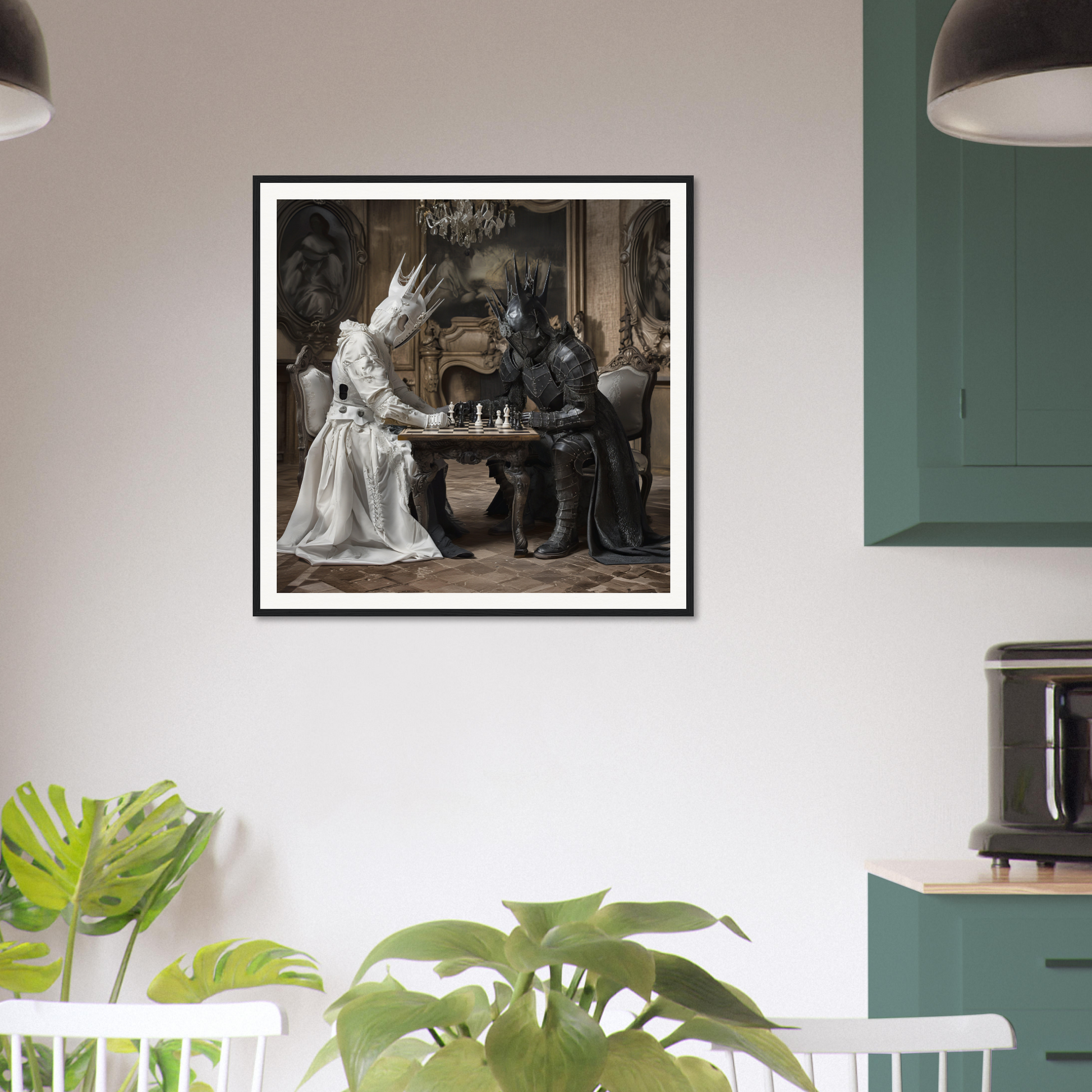 Framed black and white art of Eternal Chess Struggle with medieval figures at table