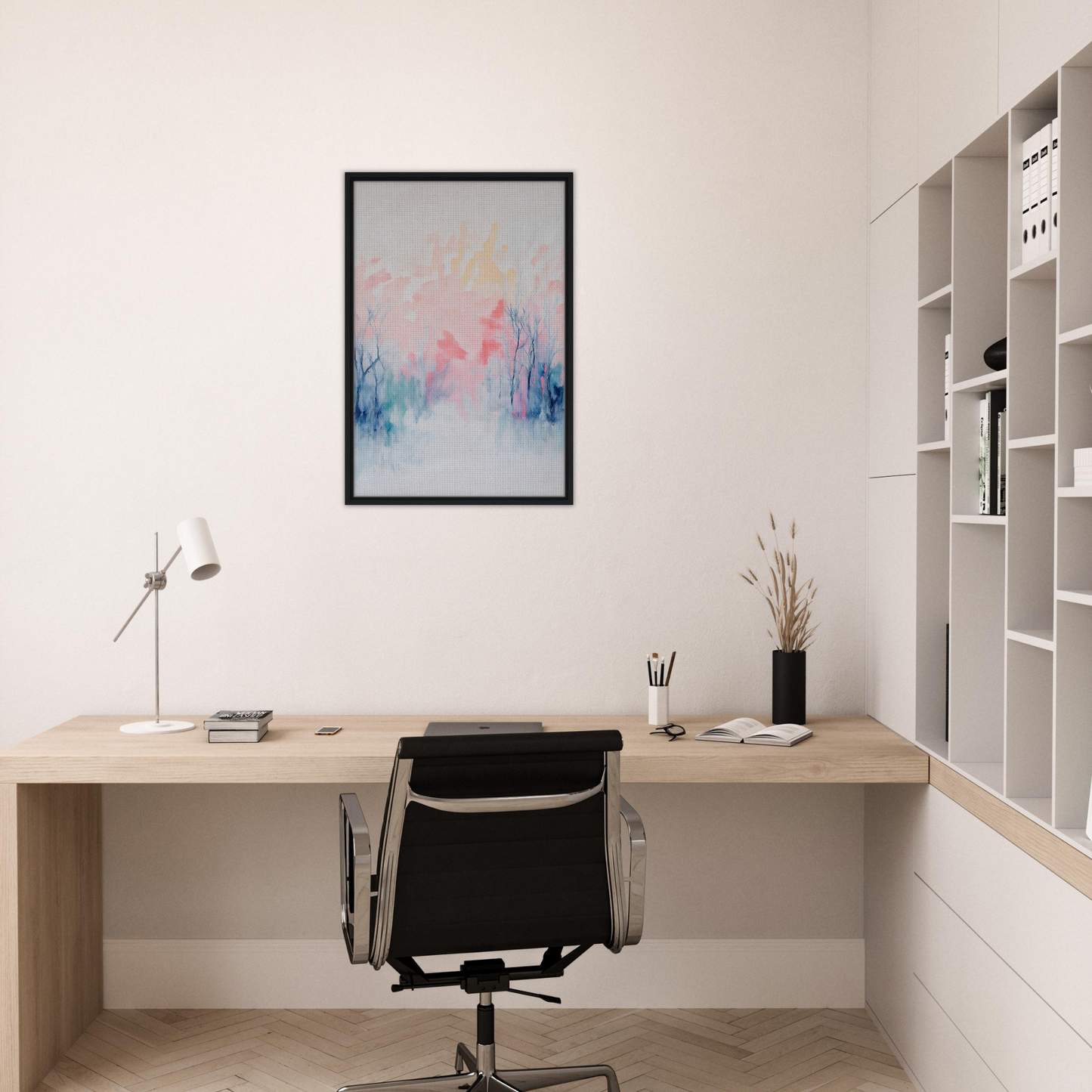 Minimalist home office featuring Eternal Dawnscapenienie wall art and stylish furniture
