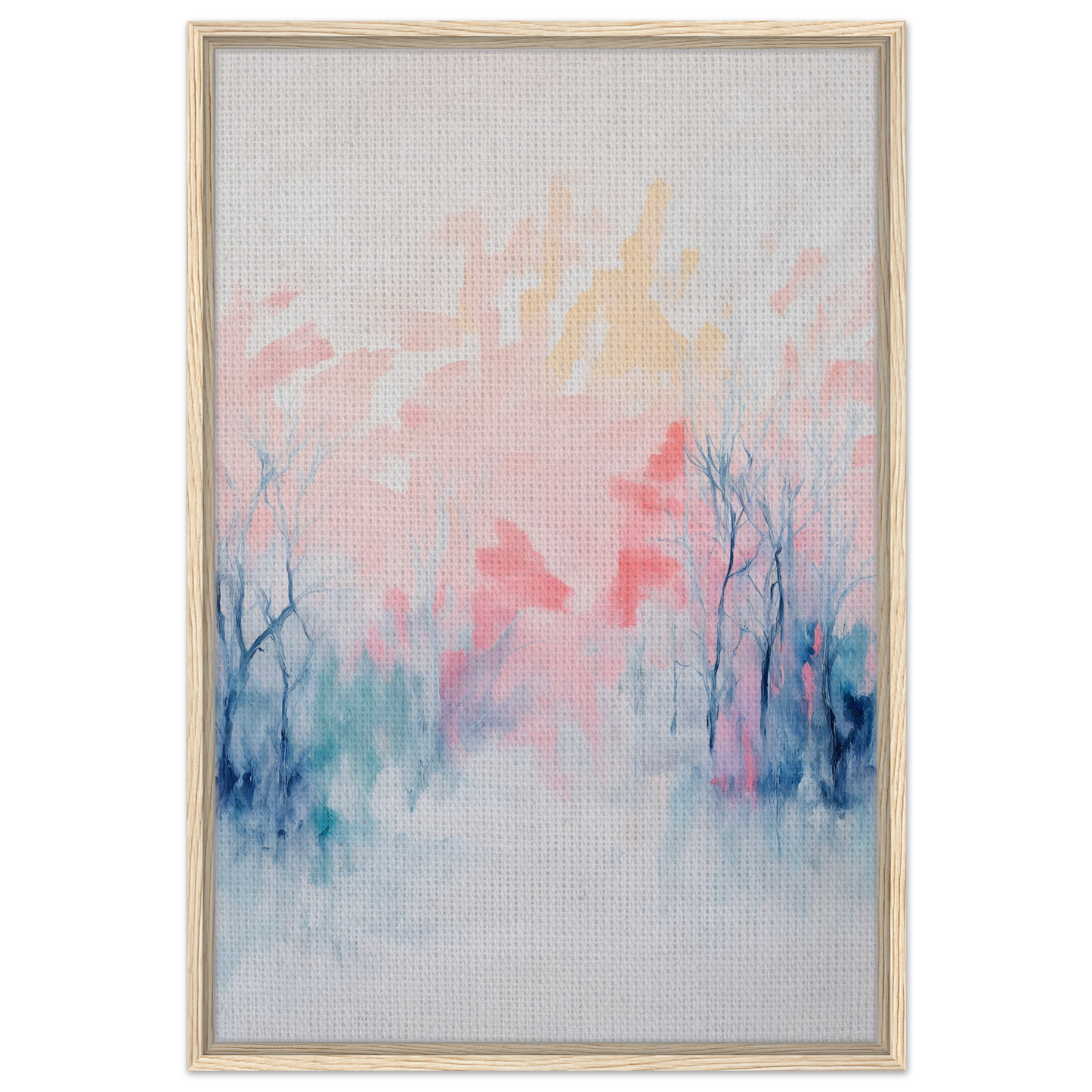 Abstract watercolor painting in soft pastels featuring tree forms for Eternal Dawnscapenienie