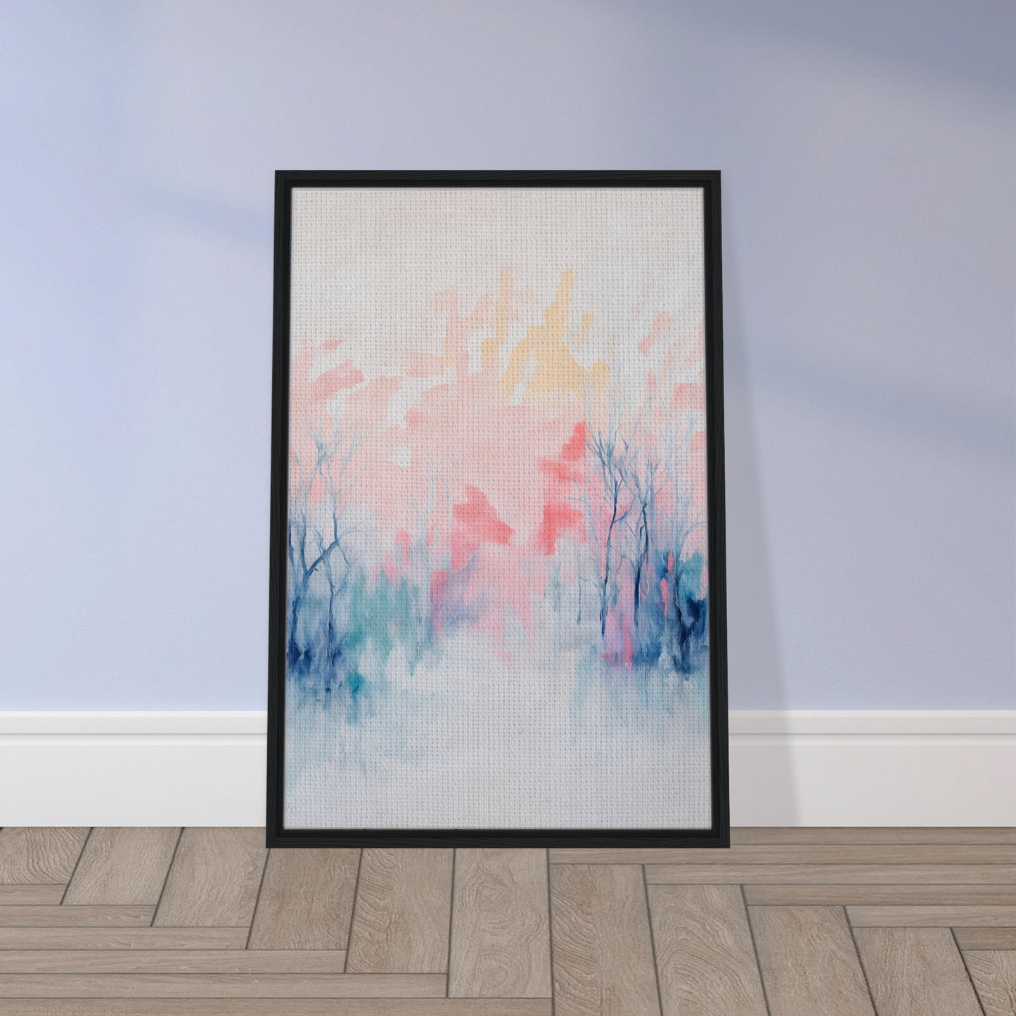 Framed abstract watercolor painting ’Eternal Dawnscapenienie’ enhances room decor with pastel hues