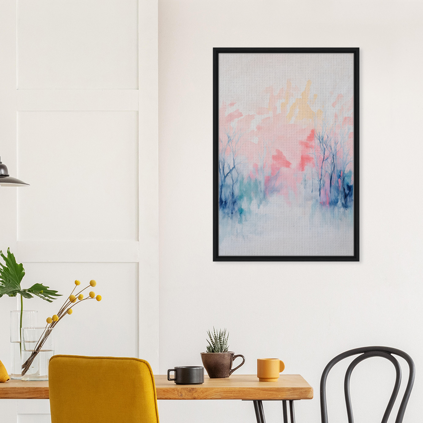 Abstract painting in soft pastel colors featuring the Eternal Dawnscapenienie framed