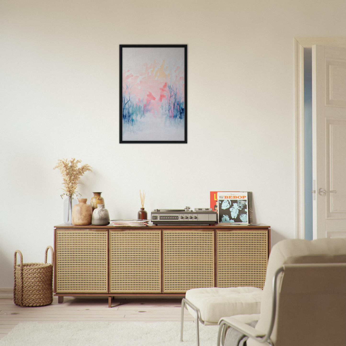 Wooden sideboard with cane-webbed doors and decor, perfect for room decor with Eternal Dawnscapenienie