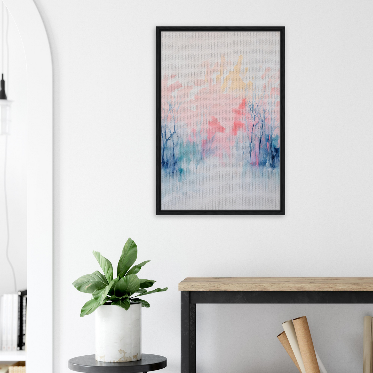 Abstract watercolor painting in soft pastel hues displayed as an Eternal Dawnscapenienie framed