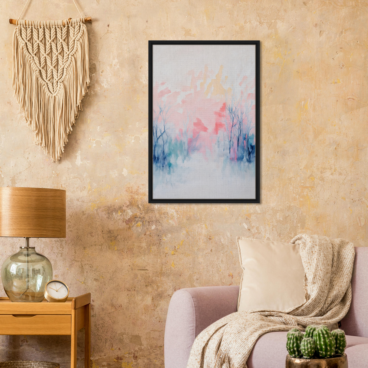 Framed abstract watercolor painting in soft pastels for elegant room decor, Eternal Dawnscapenienie