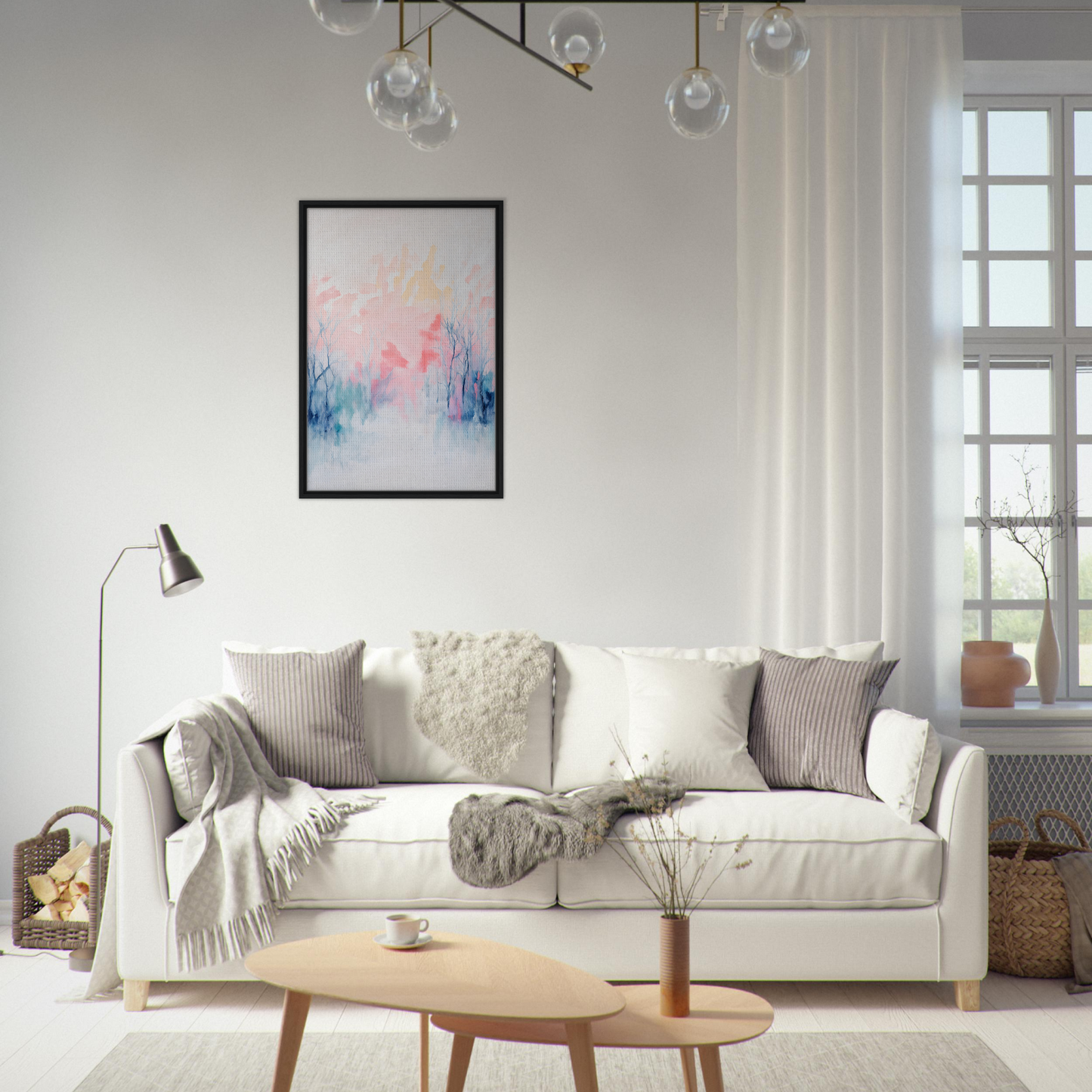 White sofa adorned with throw pillows and blankets, enhancing the Eternal Dawnscapenienie