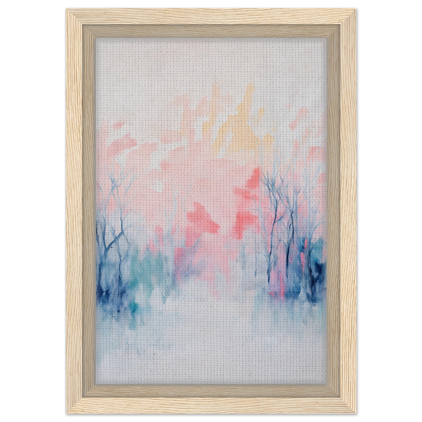 Framed abstract watercolor painting in soft hues, featuring Eternal Dawnscapenienie
