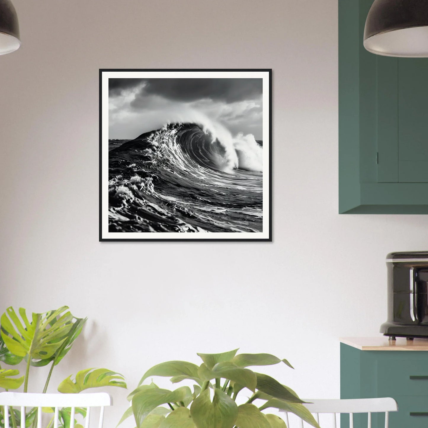 Black and white photo of a wave crashing on rocks for Eternal Liquid Crescendo