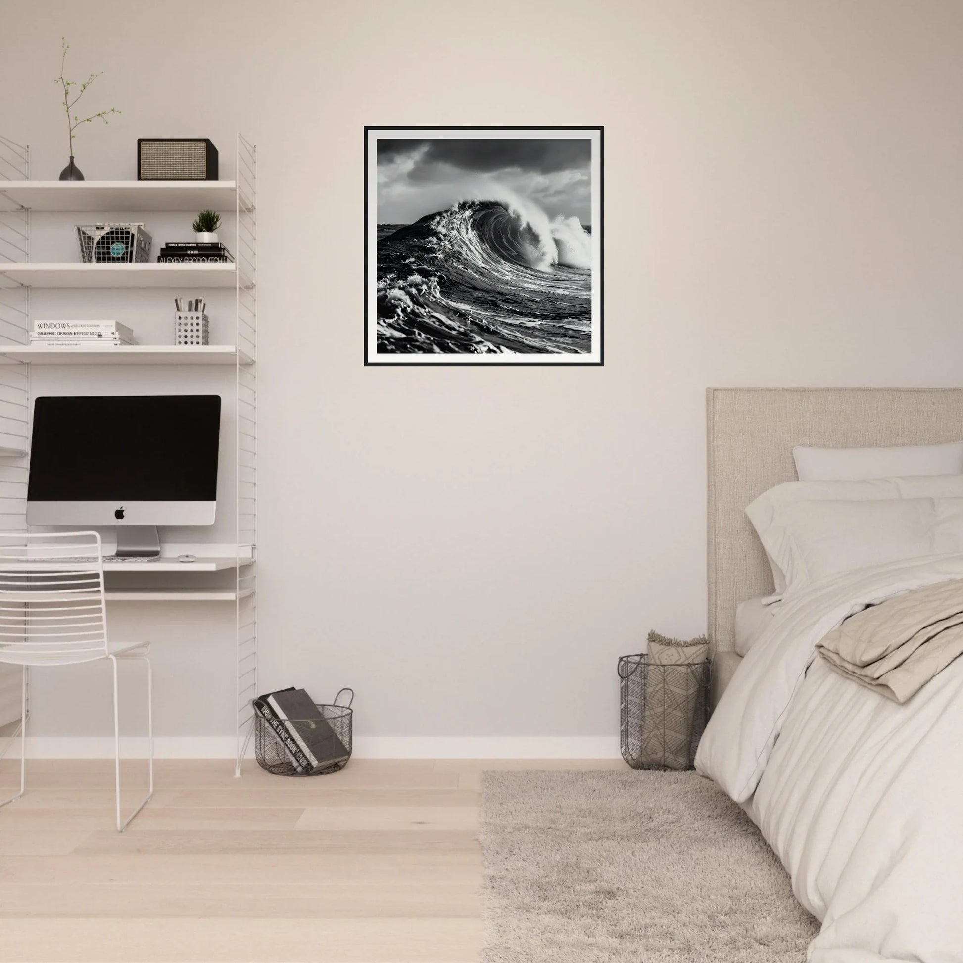 Minimalist bedroom featuring Eternal Liquid Crescendo art with iMac and floating shelves