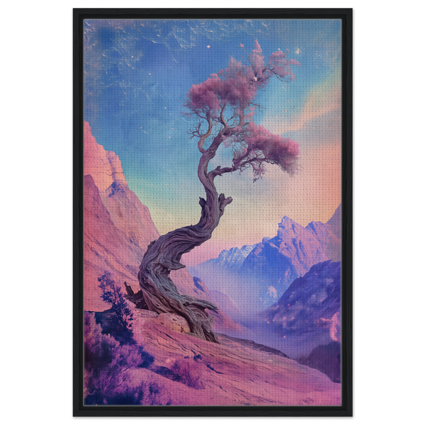 Twisted tree with pink foliage on rocky ledge, an Ethereal Arboreal Reverie in room decor