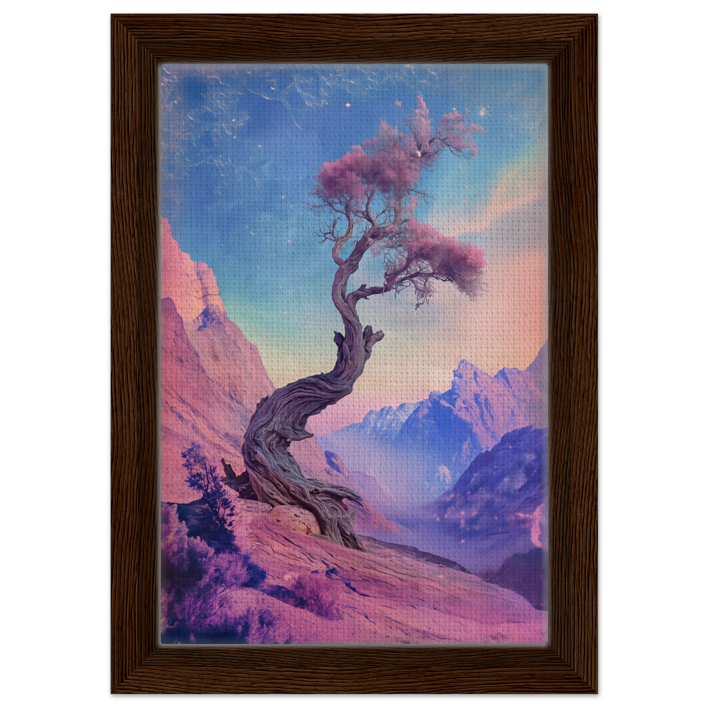 Twisted tree with pink foliage on rocky slope in Ethereal Arboreal Reverie room decor