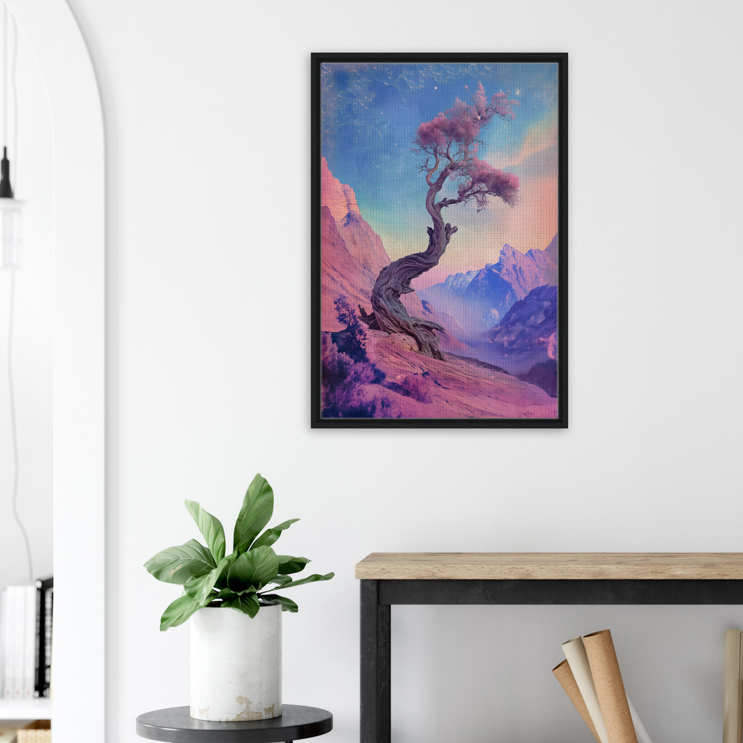 Ethereal Arboreal Reverie framed canvas print of a twisted tree in a colorful landscape