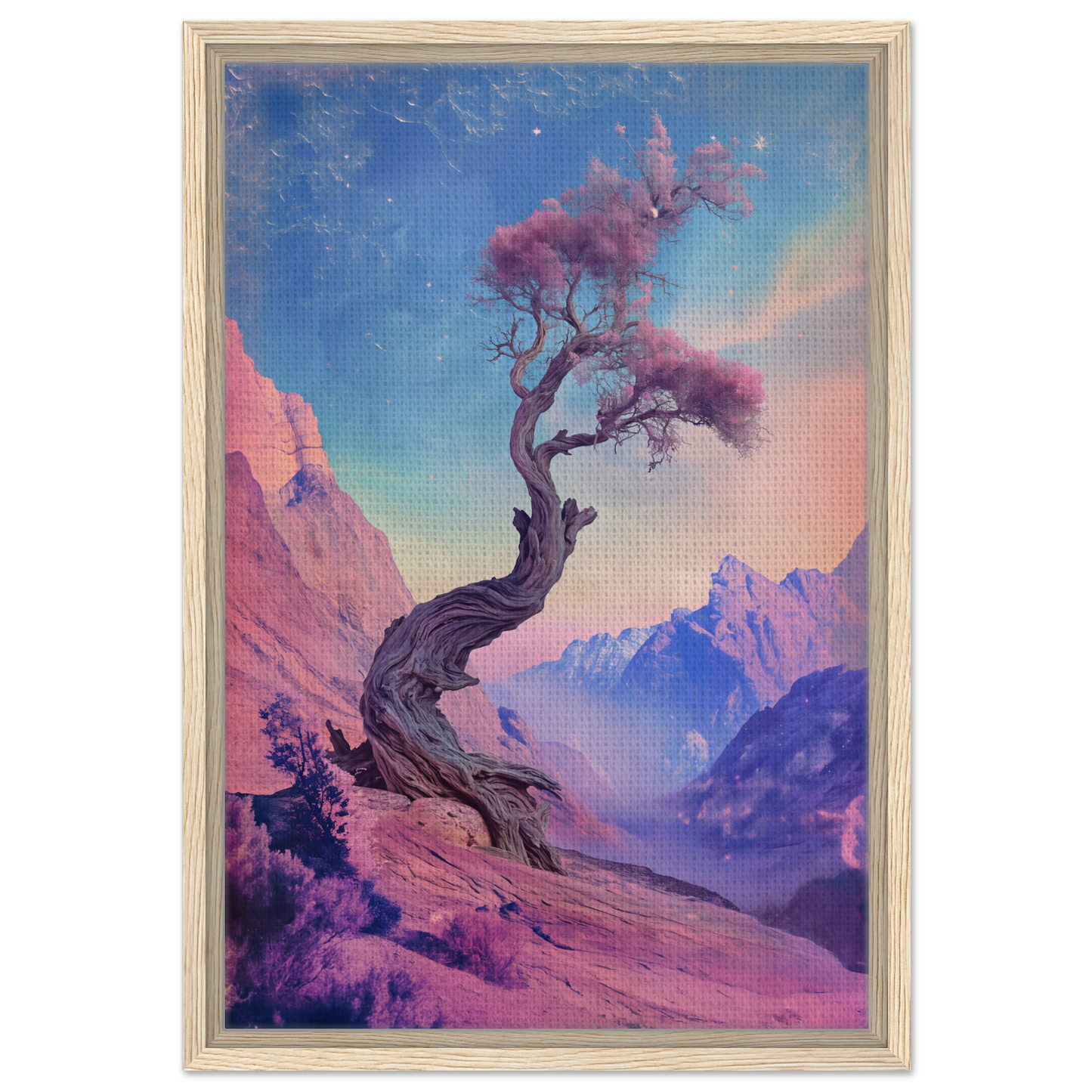 Ethereal Arboreal Reverie featuring a twisted tree with pink foliage on rocky slope