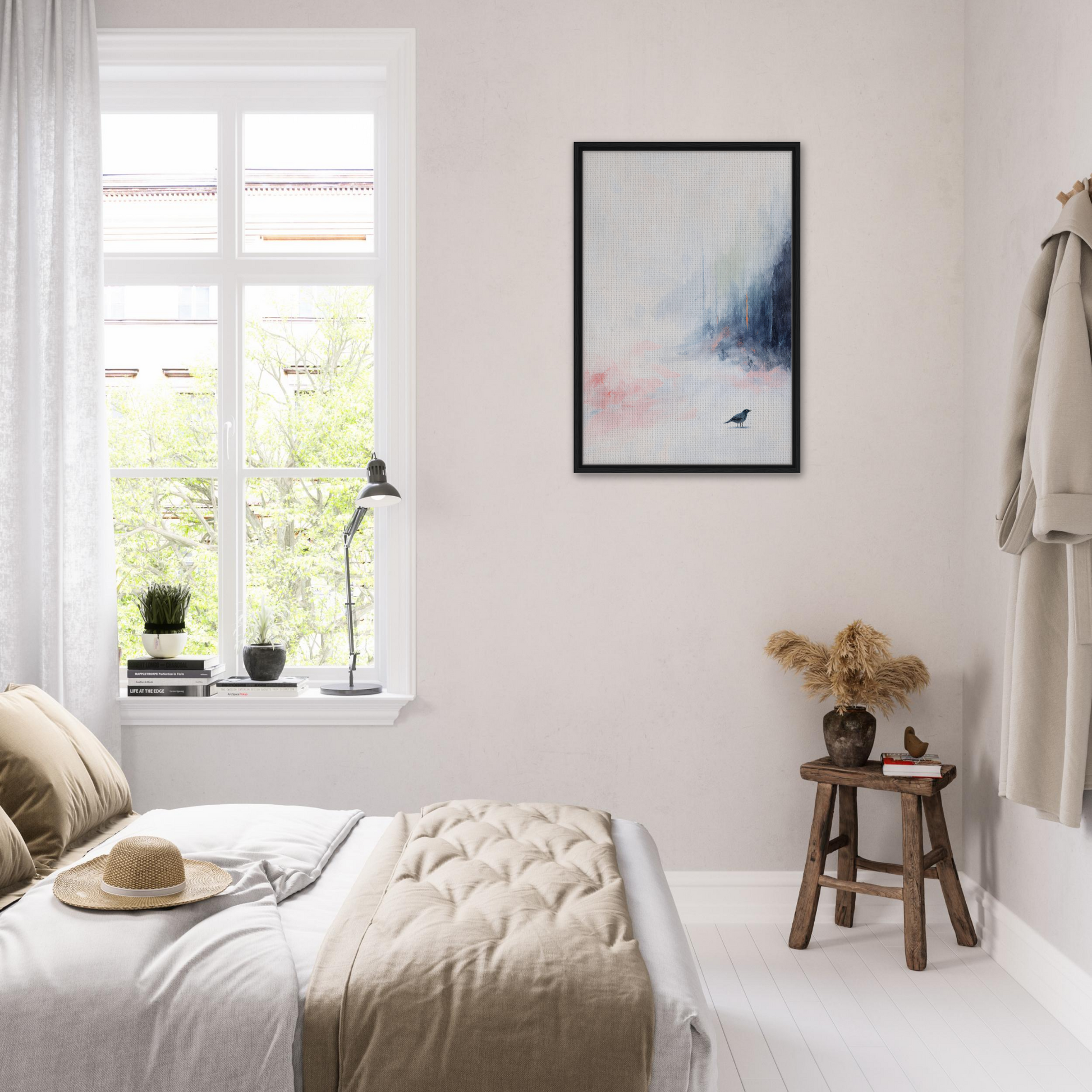 Bright and airy bedroom featuring Ethereal Aviary Dreamscape framed canvas art as room decor