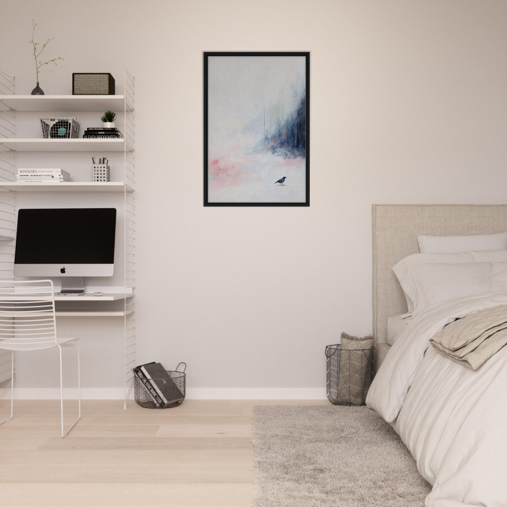 Minimalist bedroom with white walls and floating shelves in Ethereal Aviary Dreamscape