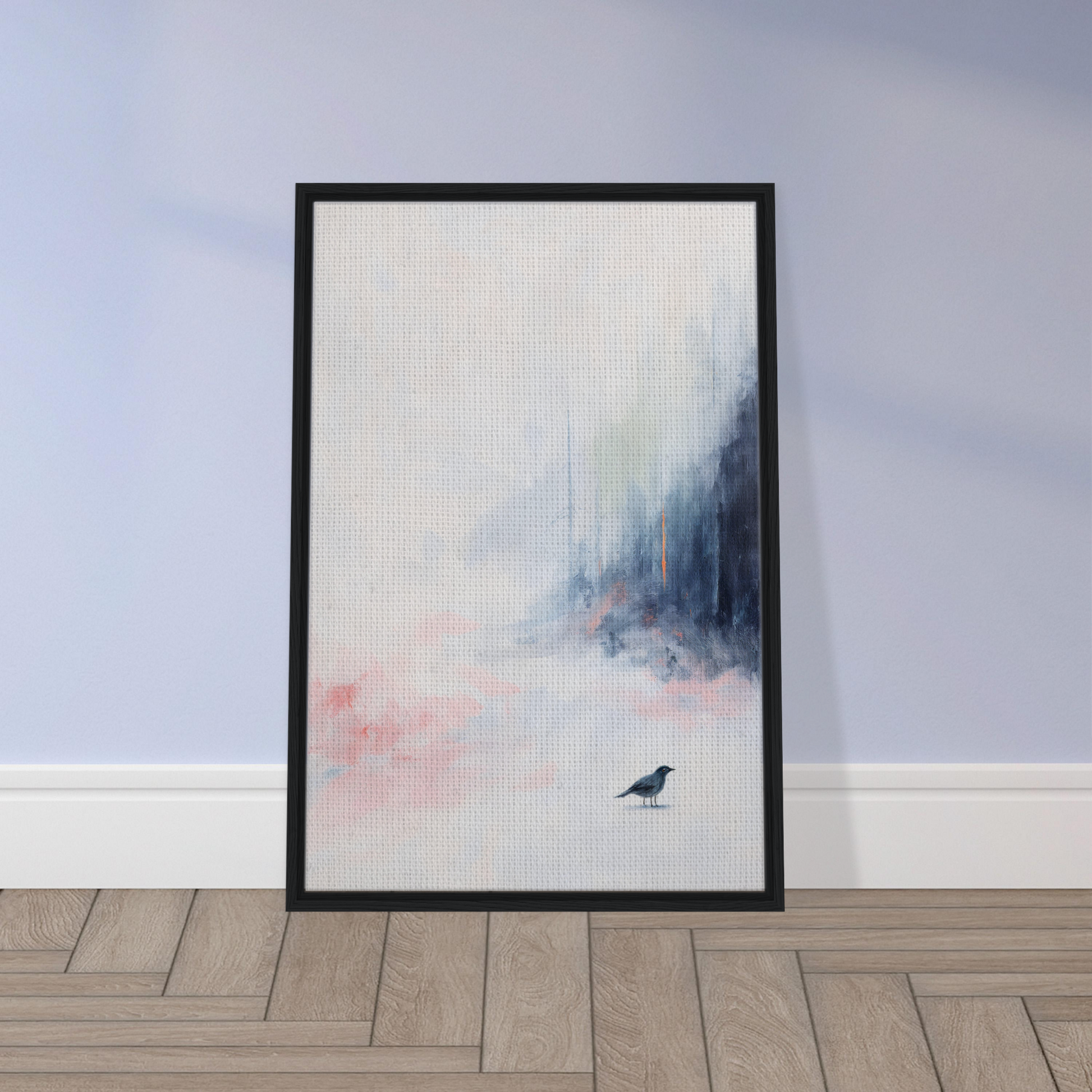 Framed canvas art of a solitary bird in an ethereal aviary dreamscape setting