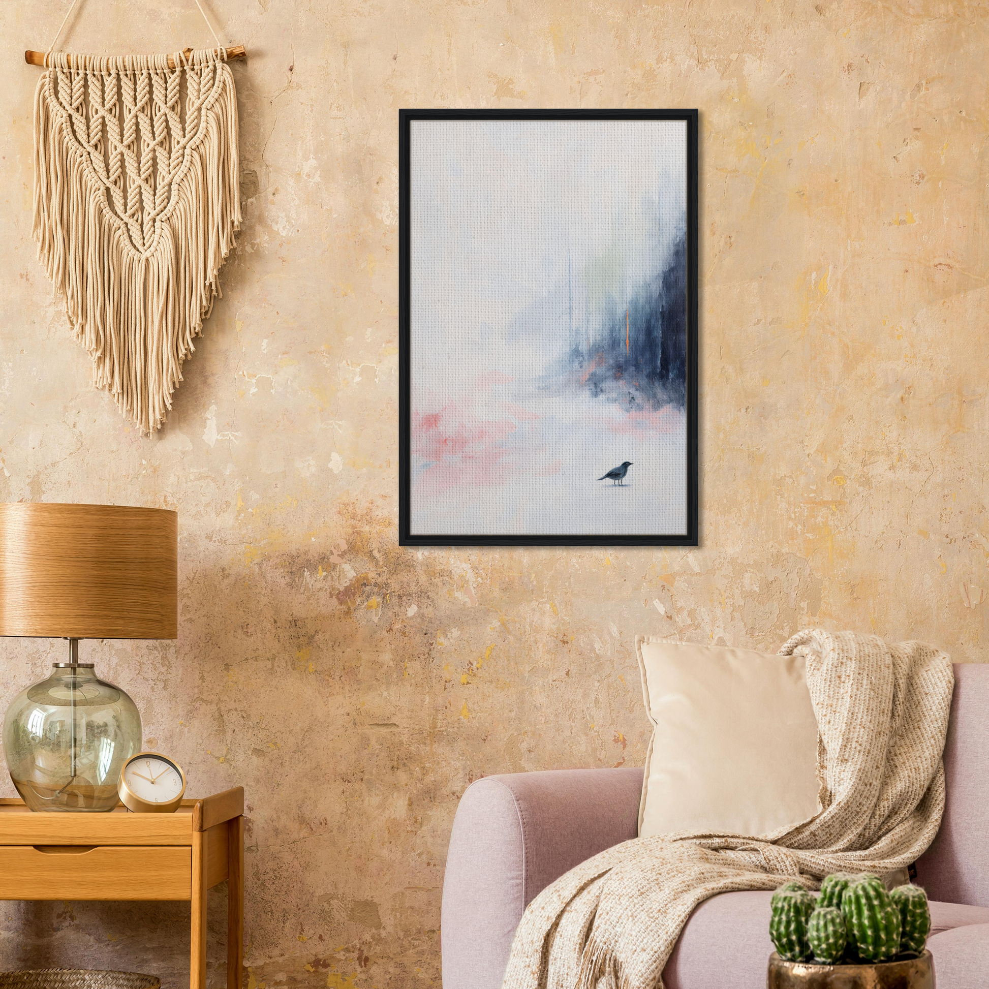 Framed watercolor painting of a misty landscape in Ethereal Aviary Dreamscape