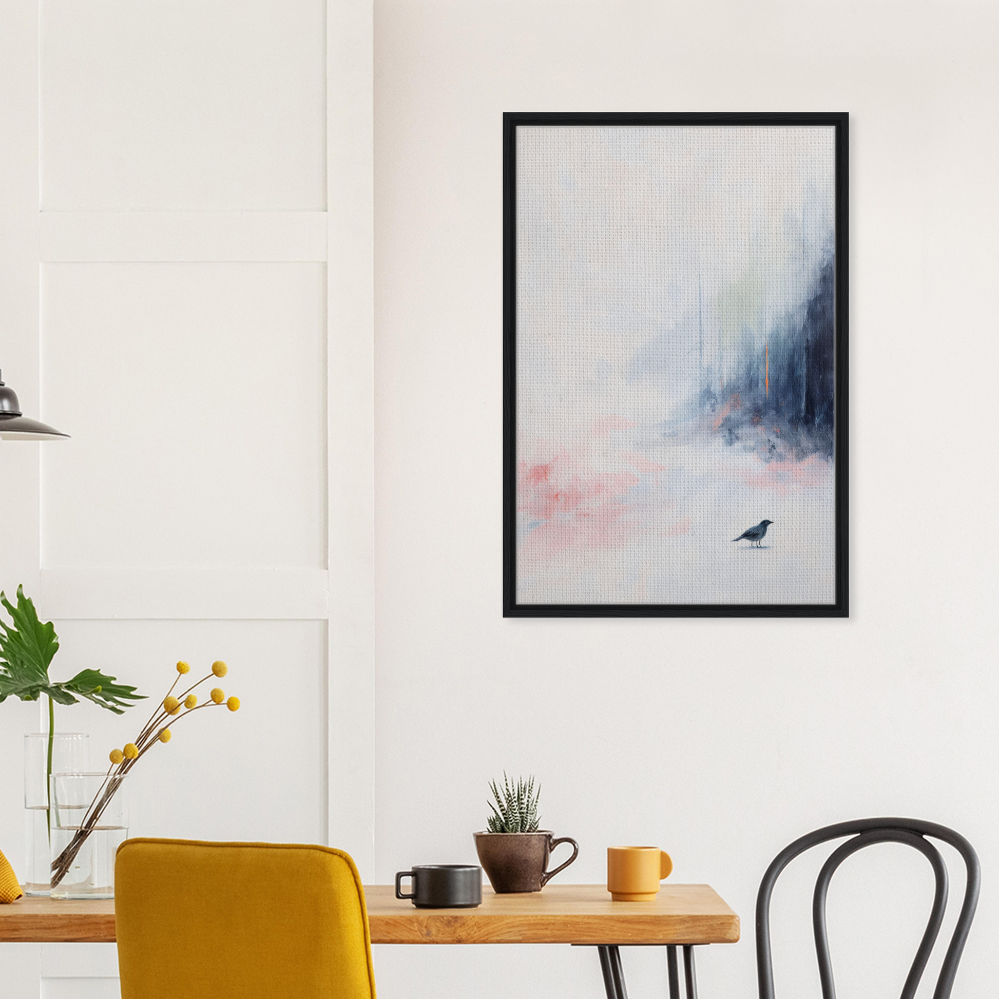 Framed canvas art of an ethereal aviary dreamscape with a misty landscape and bird silhouette
