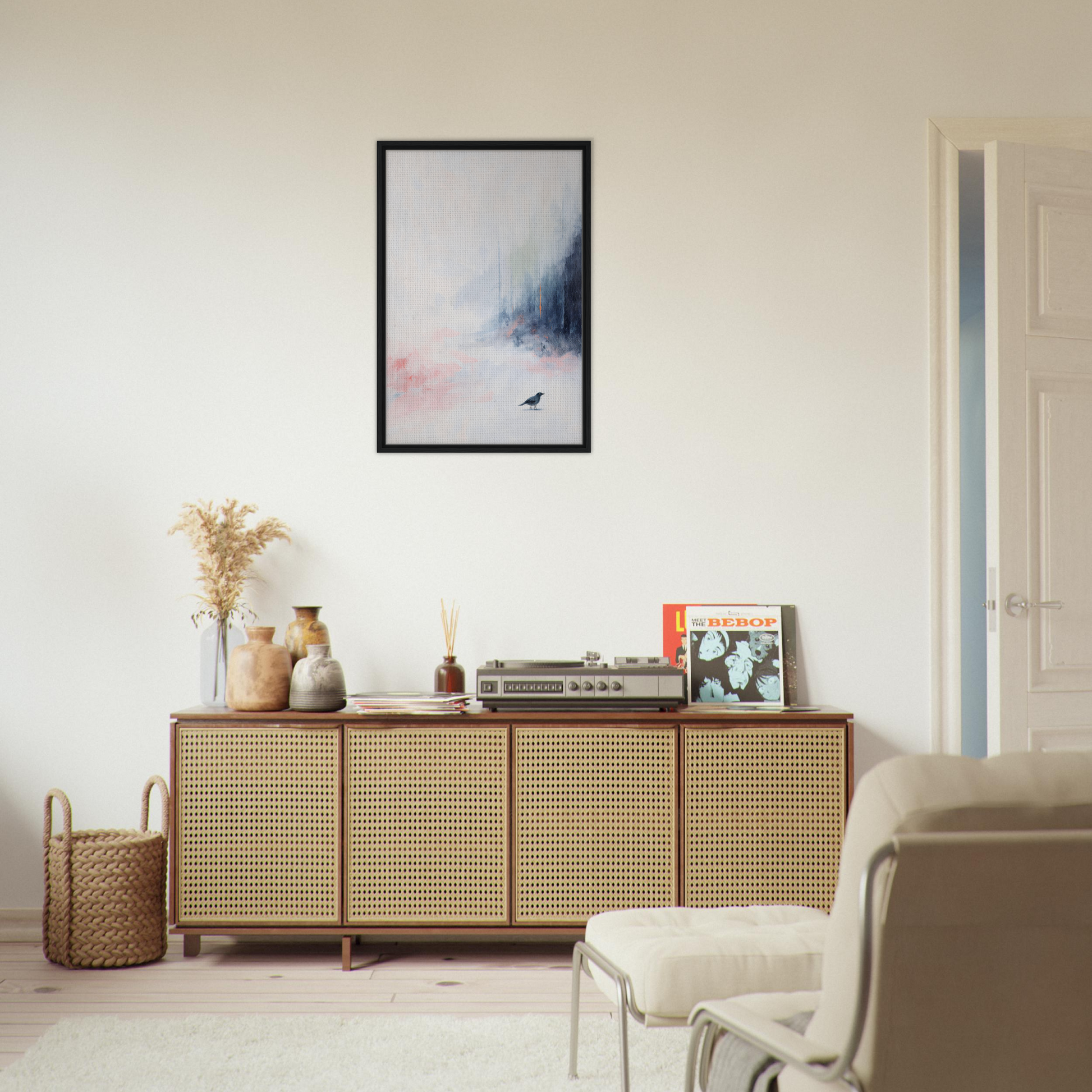 Wooden sideboard with cane-webbed doors, enhancing an Ethereal Aviary Dreamscape room decor