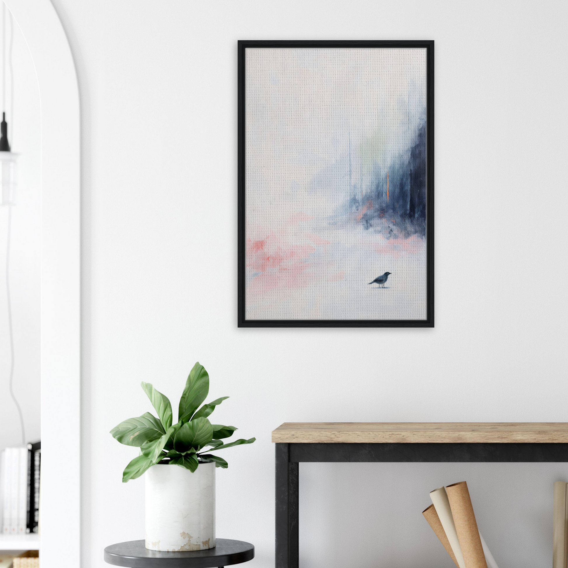 Framed canvas art of a misty landscape with bird silhouette in Ethereal Aviary Dreamscape