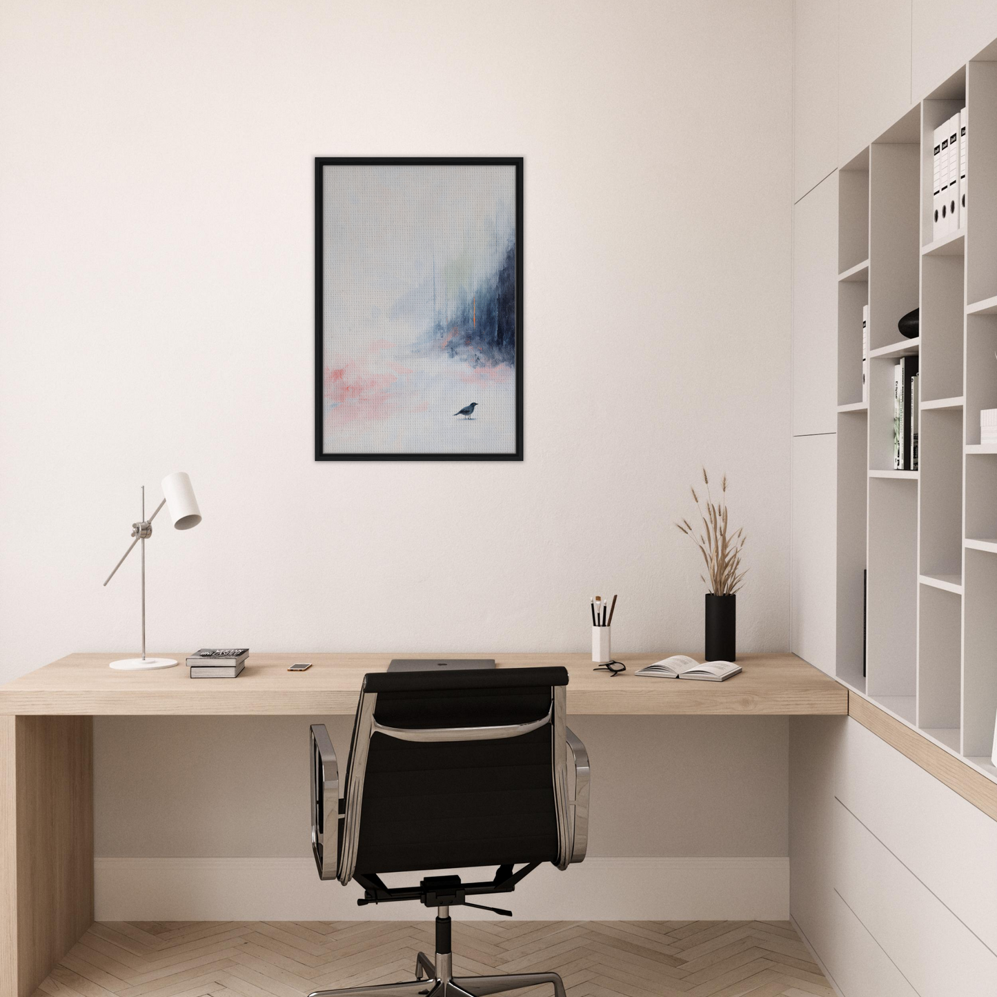 Minimalist home office desk featuring Ethereal Aviary Dreamscape framed canvas art