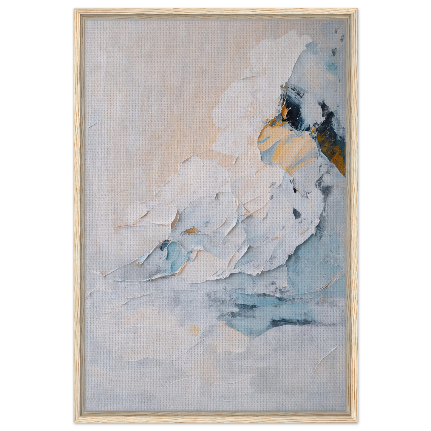 Abstract painting in blue, white, and yellow tones for Ethereal Birdscapes room decor