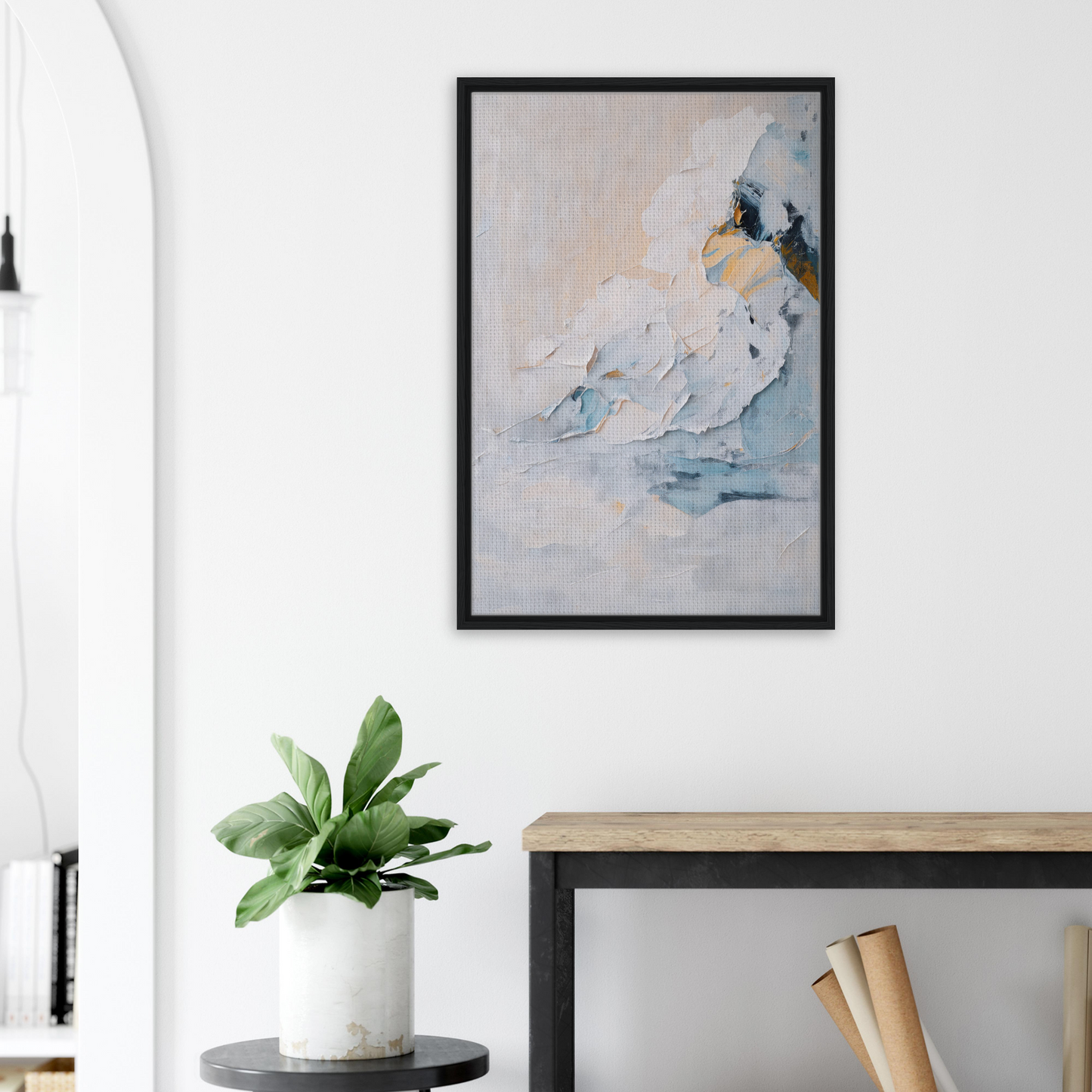 Framed abstract painting of a bird-like figure for Ethereal Birdscapes room decor