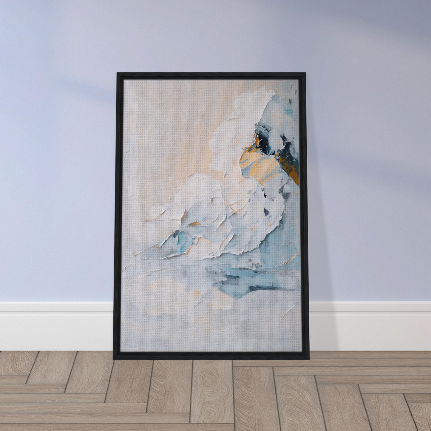 Framed abstract painting in soft pastel colors for Ethereal Birdscapes room decor