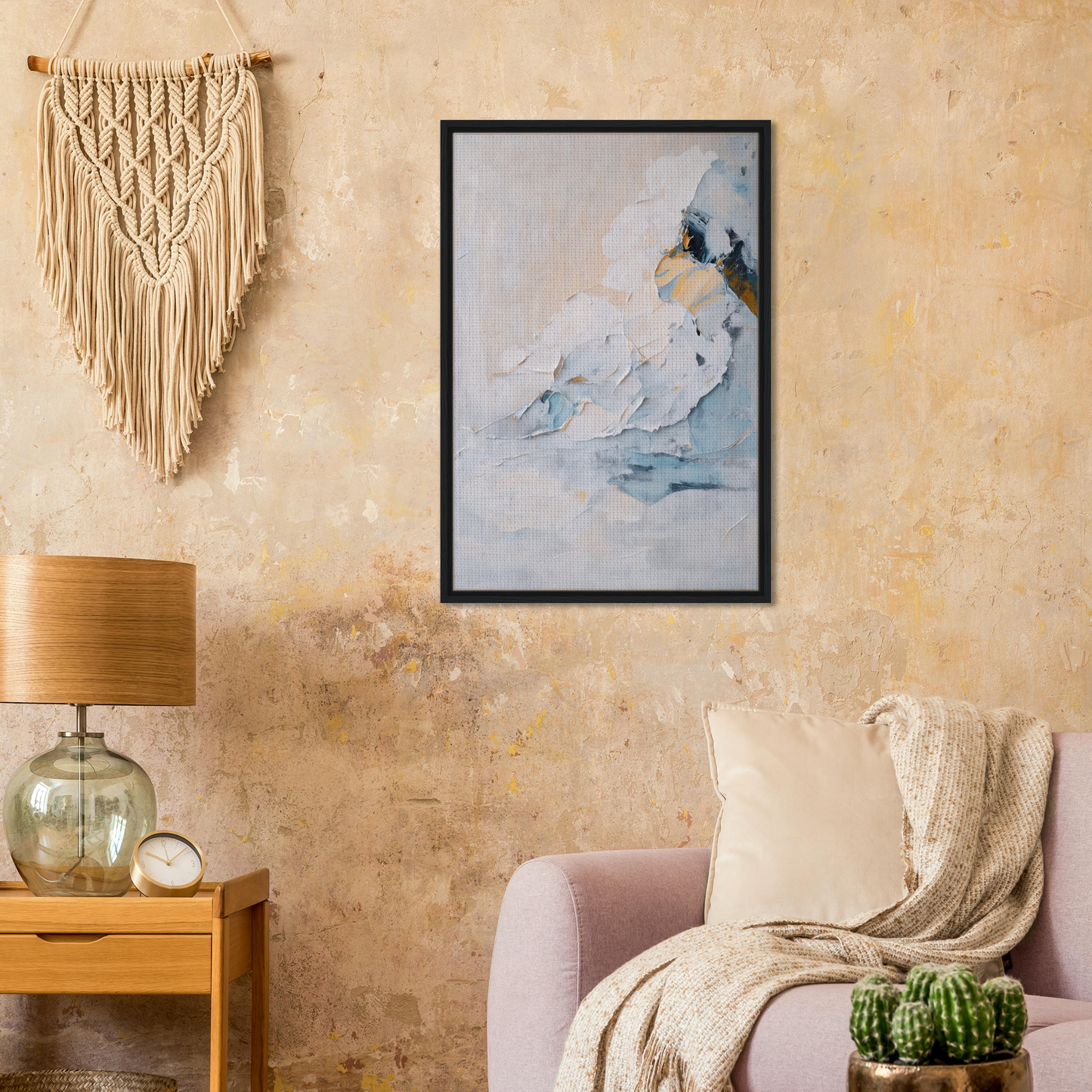 Framed abstract painting in soft blue and white tones for Ethereal Birdscapes room decor
