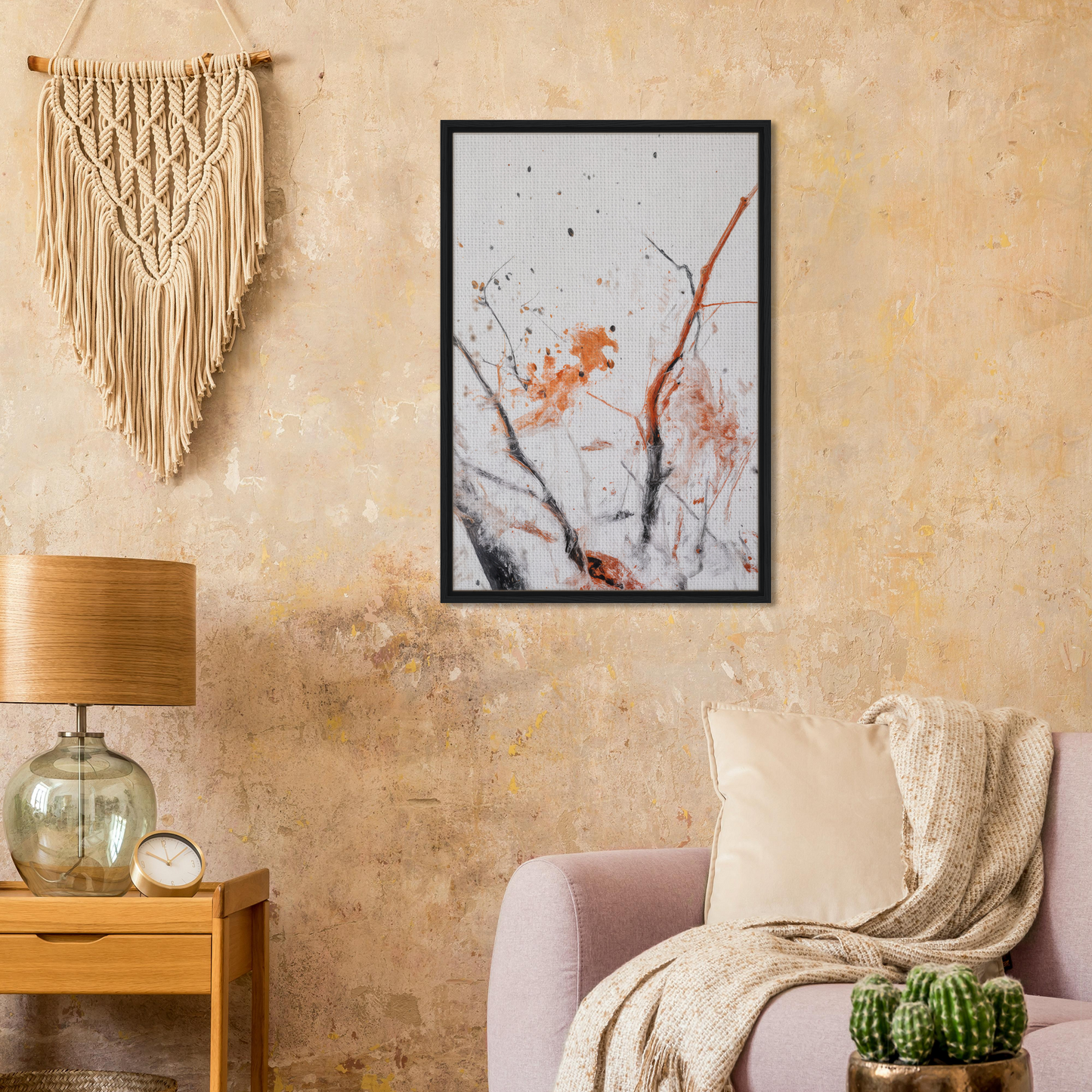 Framed abstract artwork titled Ethereal Chaos Dance with orange and red splashes for room decor