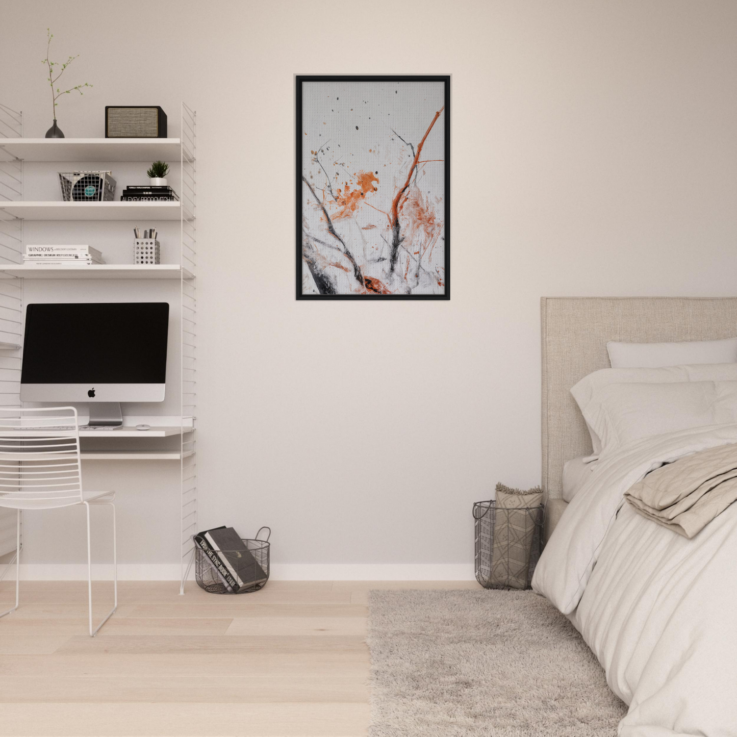 Minimalist bedroom featuring Ethereal Chaos Dance framed canvas print and white decor