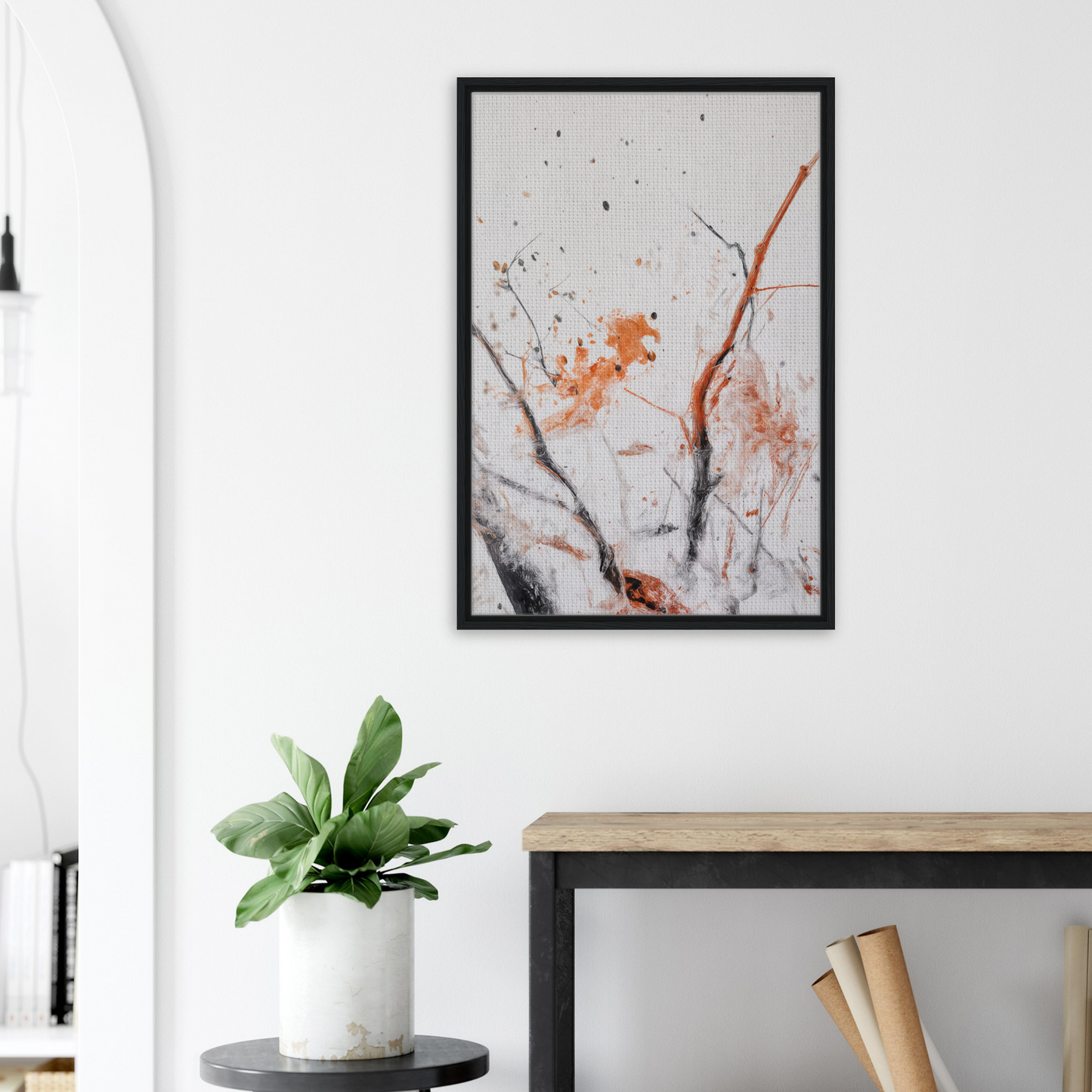 Abstract painting in orange and gray on white, framed canvas print Ethereal Chaos Dance