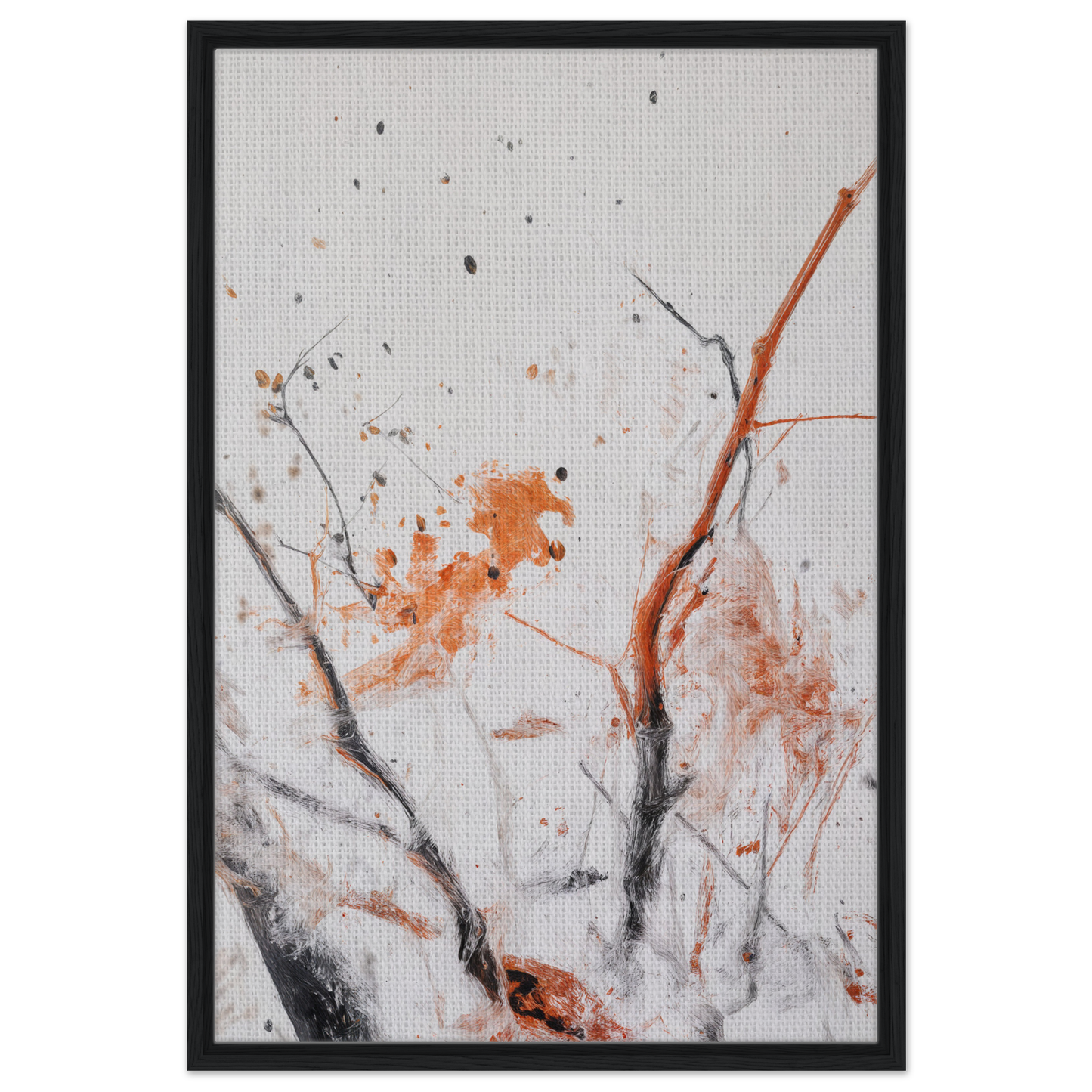 Abstract painting with orange and gray splashes in Ethereal Chaos Dance framed canvas print