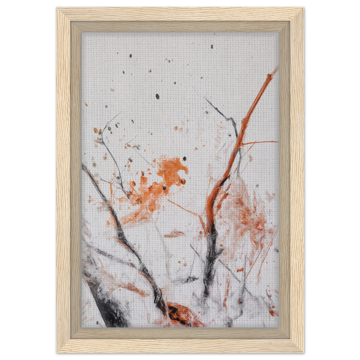 Abstract painting of delicate branches and orange splatters for Ethereal Chaos Dance framed canvas print