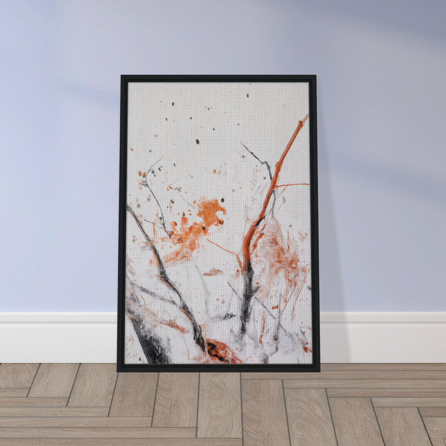 Framed abstract painting in orange and gray titled Ethereal Chaos Dance for room decor
