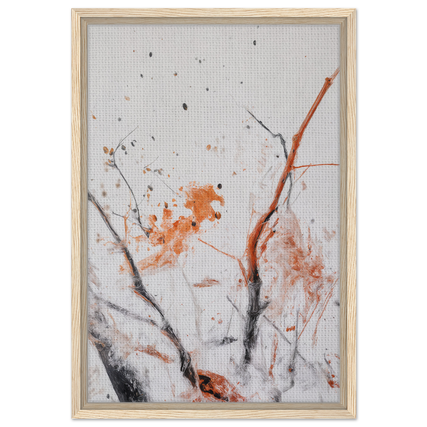 Abstract painting of Ethereal Chaos Dance with branches and orange splatters on light canvas