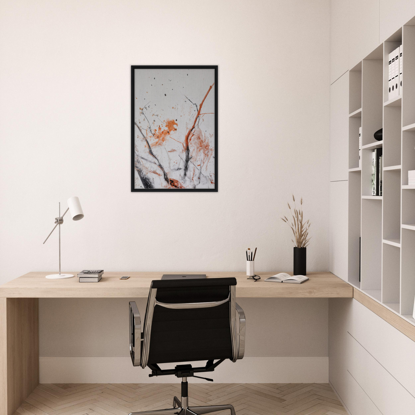 Minimalist home office featuring Ethereal Chaos Dance wall art and sleek furniture