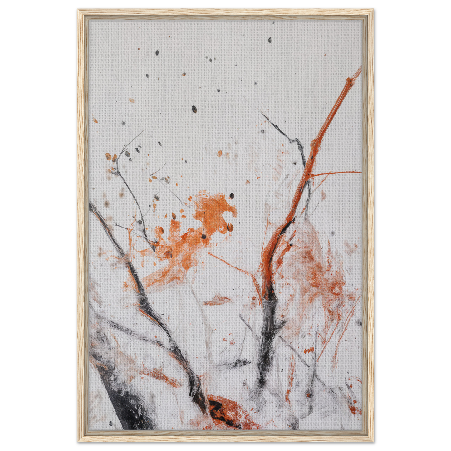 Abstract painting of delicate branches with orange splatters for Ethereal Chaos Dance framed canvas print