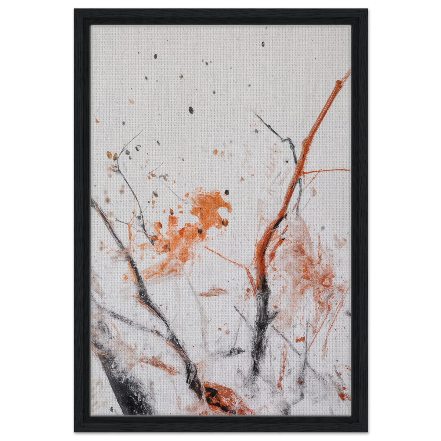 Abstract painting of delicate branches and orange splatters for Ethereal Chaos Dance room decor