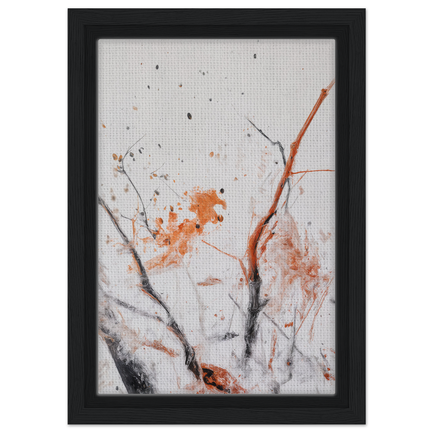 Abstract painting of delicate branches and orange splatters for Ethereal Chaos Dance framed canvas print