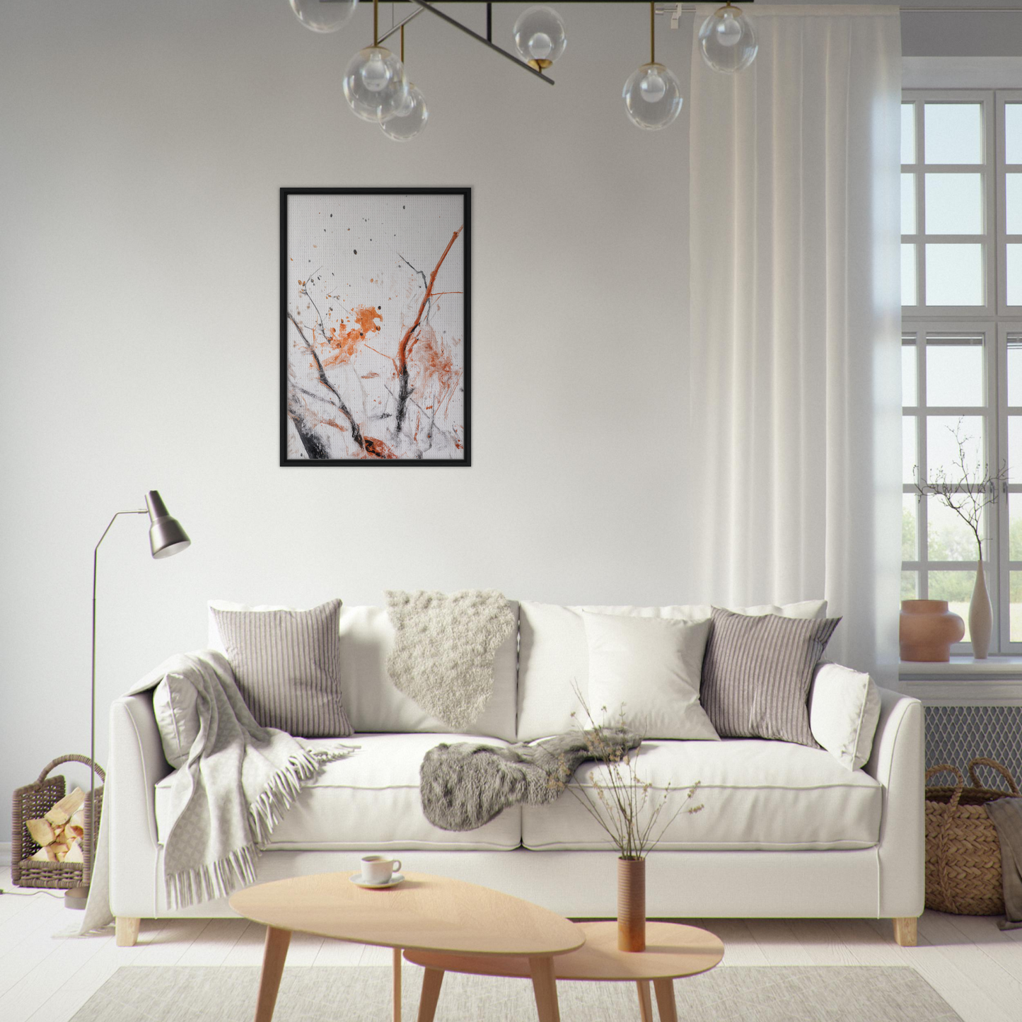 White sofa adorned with throw pillows and blankets, featuring Ethereal Chaos Dance design