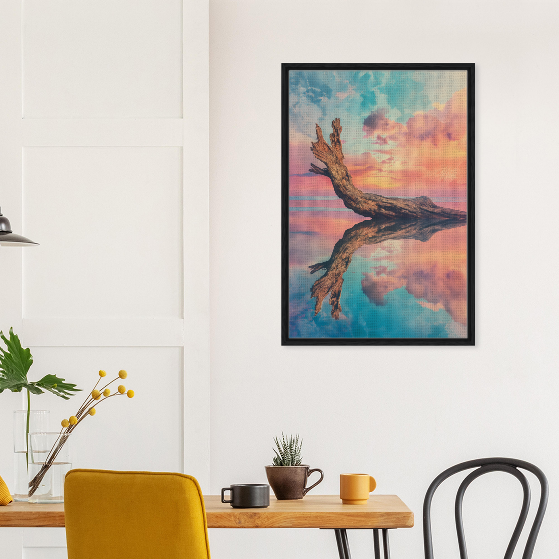 Framed canvas print of Ethereal Driftwood Reverie featuring a gnarled tree branch reflection