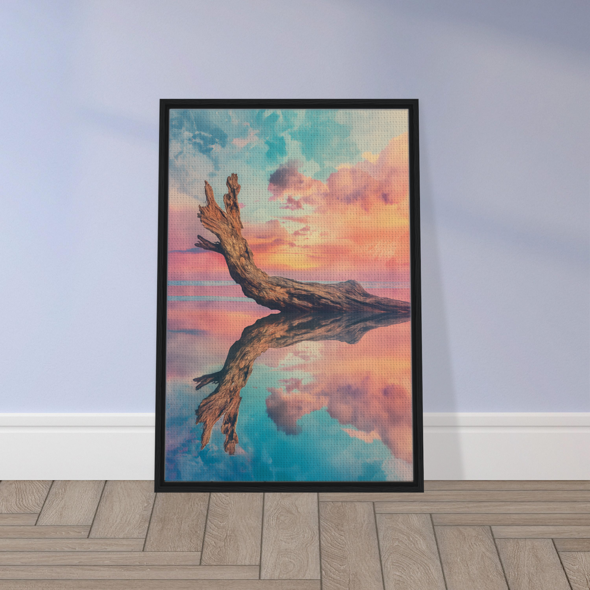 Framed canvas print of Ethereal Driftwood Reverie with reflection in water and colorful sky
