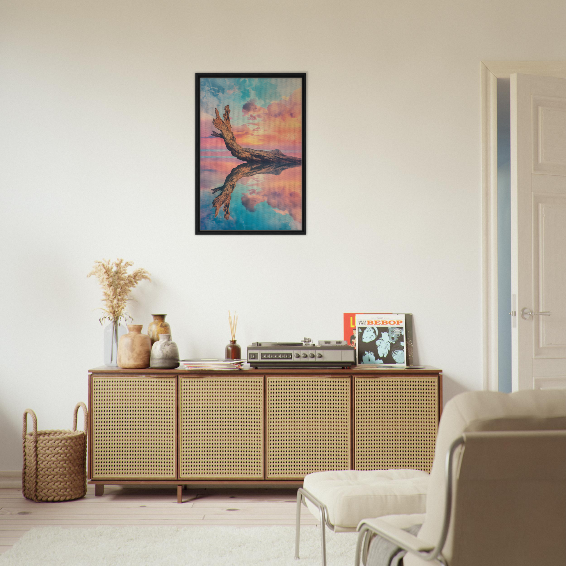 Ethereal Driftwood Reverie sideboard with cane-webbed doors and decorative items