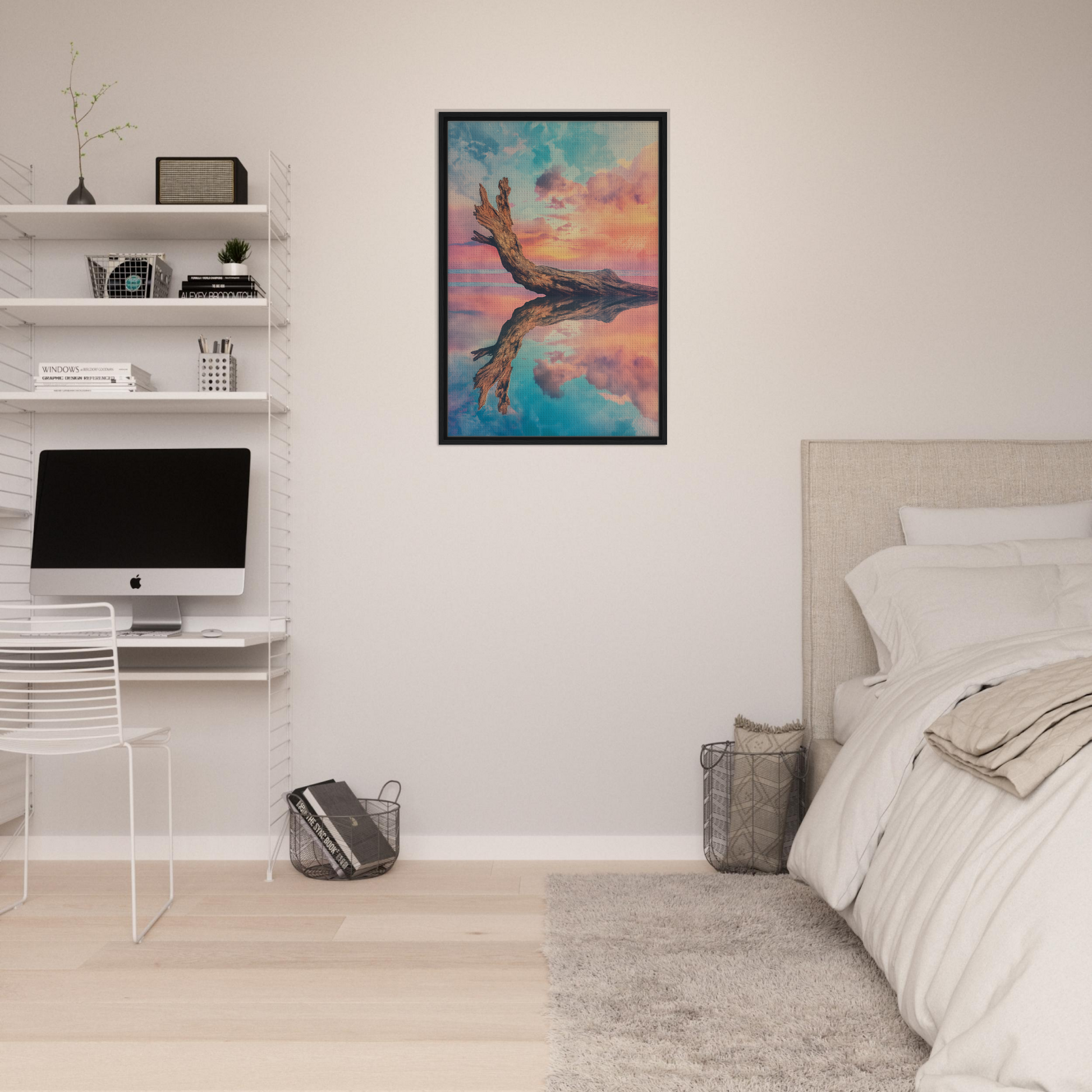 Colorful framed canvas print of a tree branch against a vibrant sky in Ethereal Driftwood Reverie