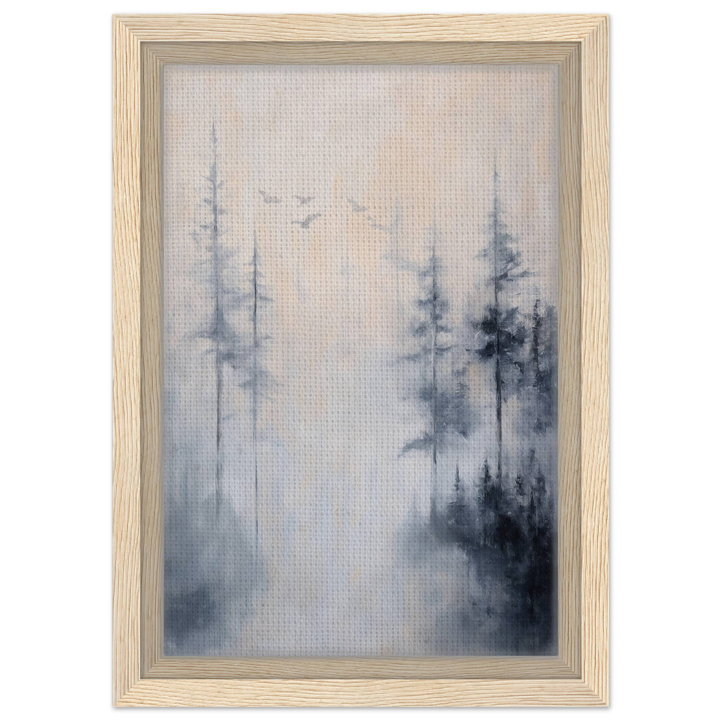 Framed canvas print featuring ethereal mist reflections in a serene pine forest scene