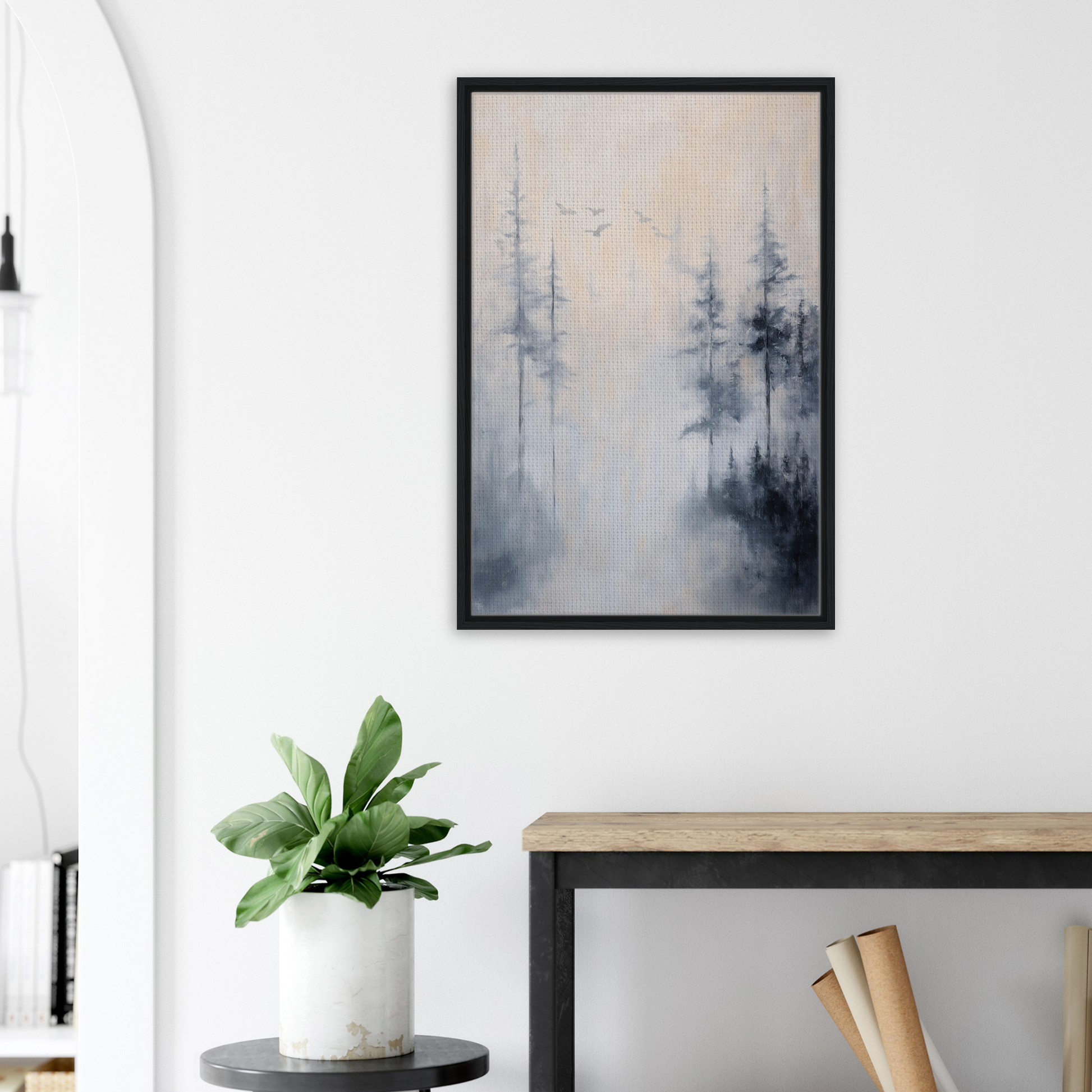 Framed canvas print of Ethereal Mist Reflections featuring misty pine trees