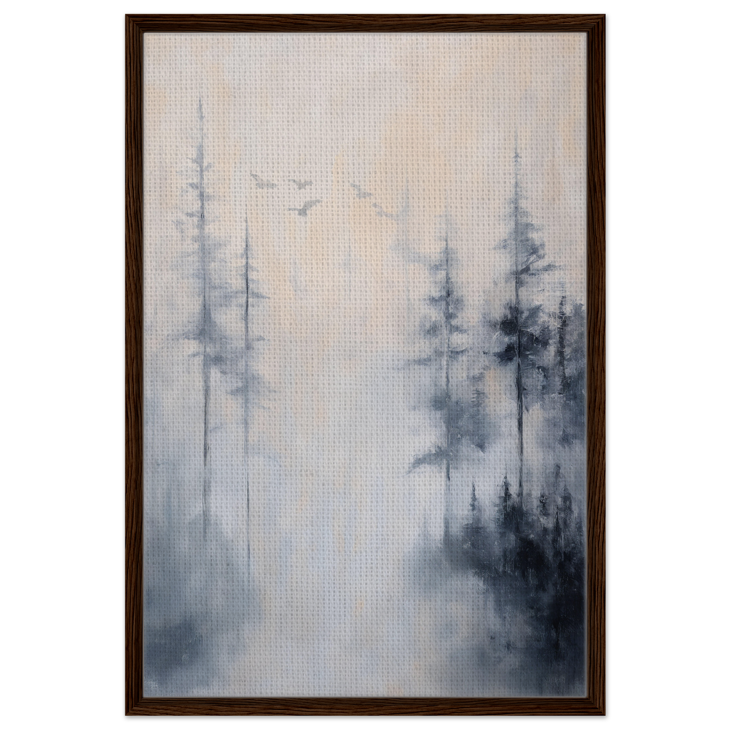 Framed canvas print of ethereal mist reflections in a foggy pine forest landscape