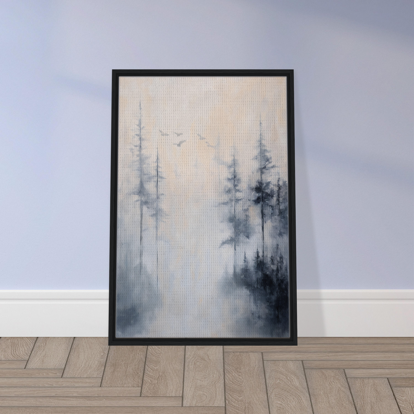 Framed canvas print featuring ethereal mist reflections in a serene forest landscape