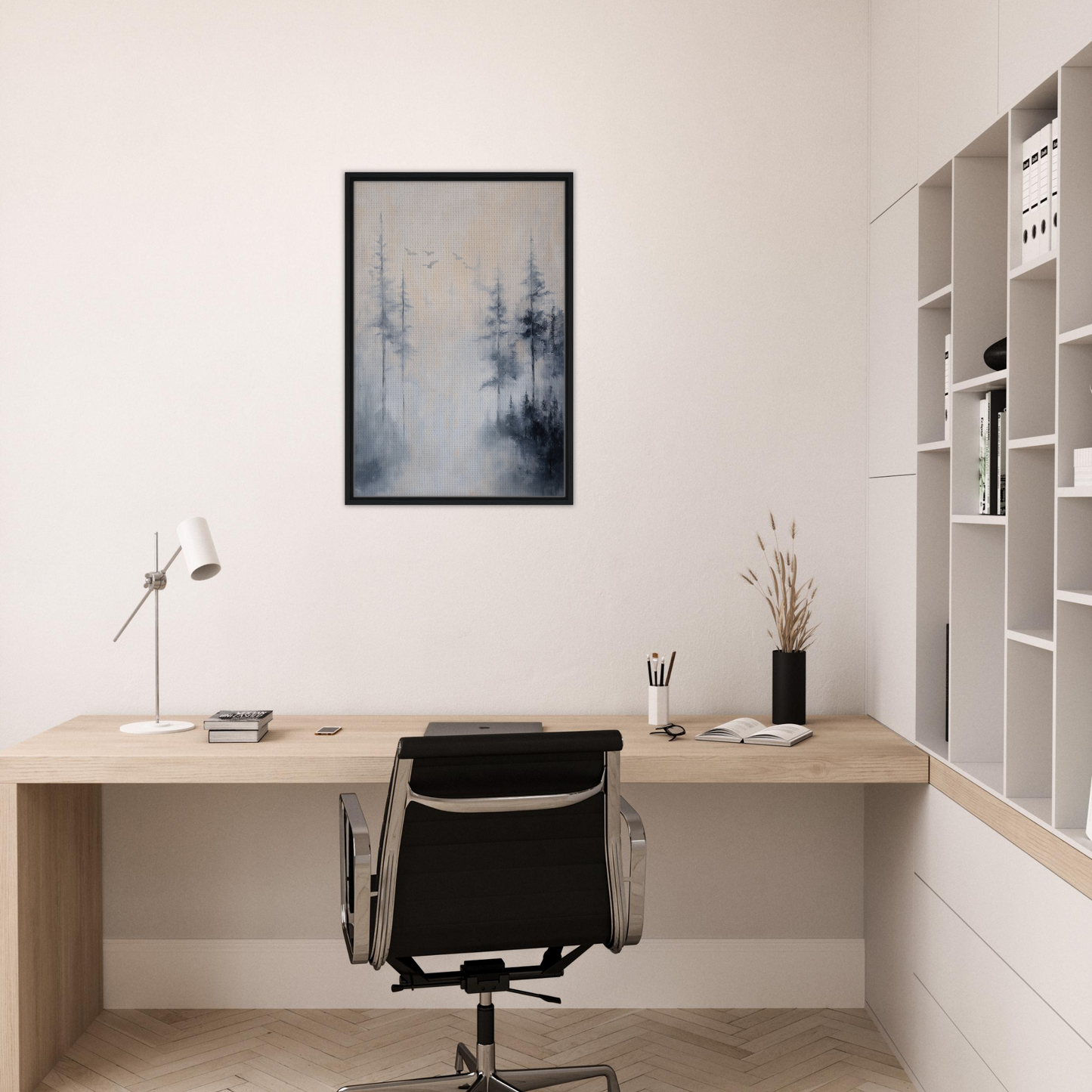 Minimalist home office featuring Ethereal Mist Reflections framed canvas wall decor